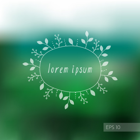 Blurry green background with doodle hand-drawn floral frame in vector. Eco design template for card, banner, invitation and webのイラスト素材