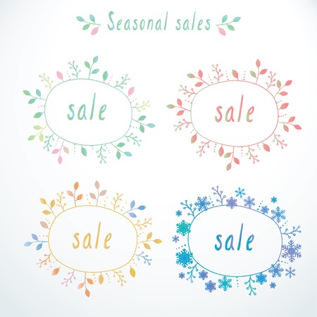 Vector set of cute doodle sale banners, labels, templates for all seasonsのイラスト素材