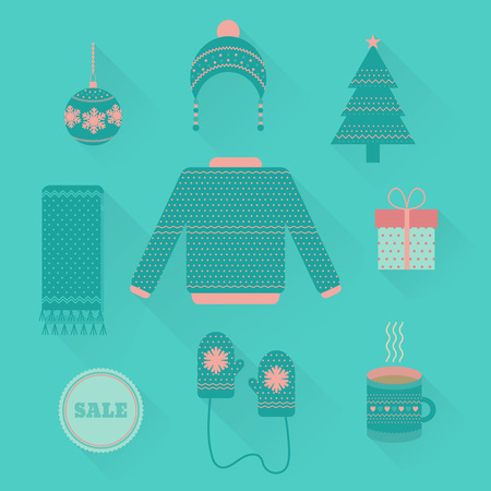 Christmas icons, objects vector set in flat style with long shadow. Clothing, gift, Christmas tree, cup, toyのイラスト素材