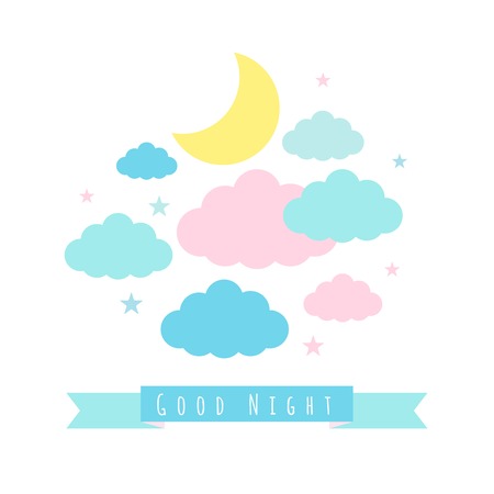 Moon, clouds, stars and banner for text. Childish background. Vector illustration for designのイラスト素材