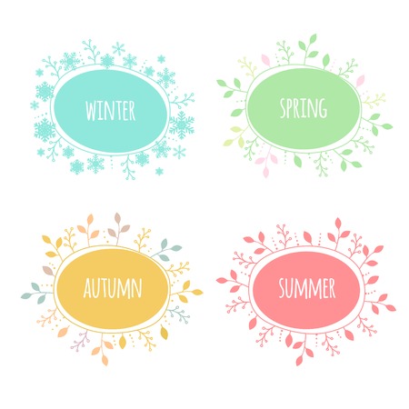Hand-drawn cute floral and snowflakes frames with all seasonsのイラスト素材