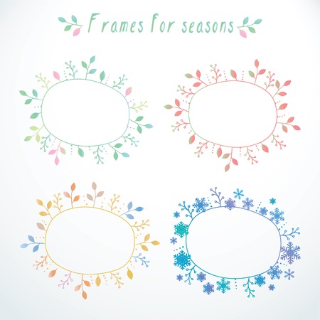Cute hand-drawn doodle floral and snowflakes frames with all seasons in vectorのイラスト素材