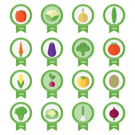 Stickers with fresh vegetables. Set of vector banners in flat styleのイラスト素材