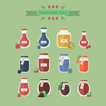 Set of vector elements for web design. Glass jars of juice with berries and bannerのイラスト素材
