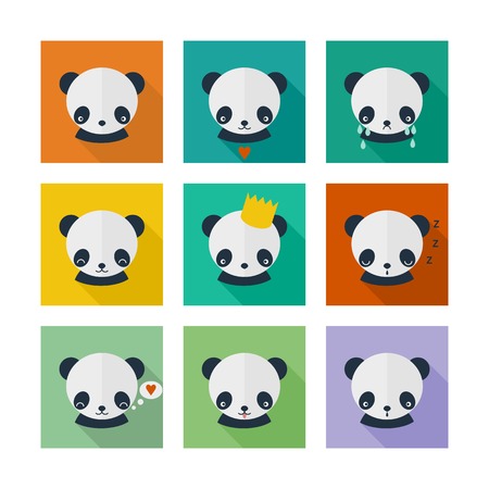 Panda vector icons set in flat design. Animal avatars with different emotionsのイラスト素材