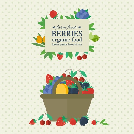 Illustration with different fresh berries in basket.のイラスト素材