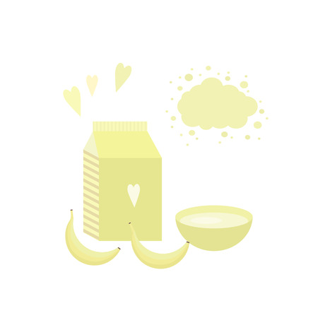 Vector illustration with package of yogurt, cup and bananas on a tableのイラスト素材