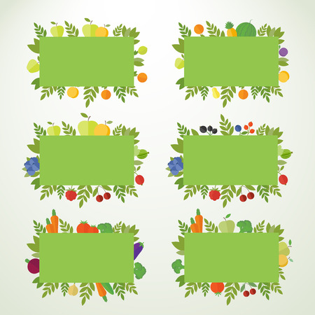 Fruit, vegetables and berries in frames, banners. Vector isolated elements for design in flatのイラスト素材
