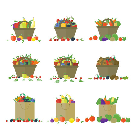 Baskets and package with fruits and vegetables. Farm fresh. Set of isolated vector elementsのイラスト素材