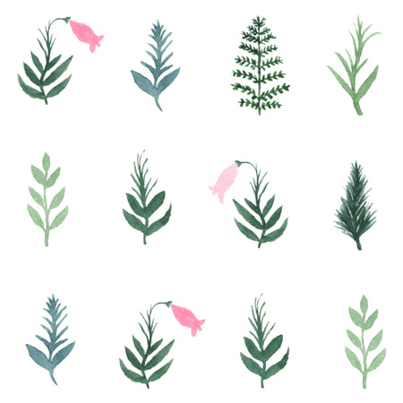 Seamless background with hand draw watercolor green leaves and pink flowers on a white backgroundのイラスト素材