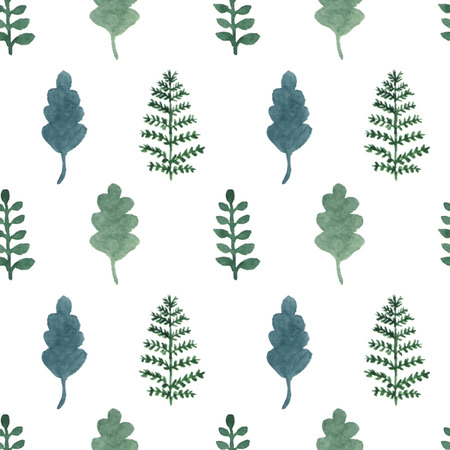 Seamless background with green hand draw watercolor oak leaves, fern and branches of tree on a white background. Vector illustration. Seamless pattern can be used for decoration fabrics, paper, cards, clothesのイラスト素材