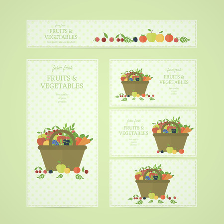 Set of business banners and cards with fruits and vegetables in basket to advertise products. Concept farm fresh organic food. Vector illustrationのイラスト素材