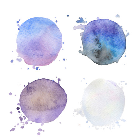 Set of vector art elements. Colorful blue and violet watercolor round textures. Splashes stains isolated on white backgroundのイラスト素材