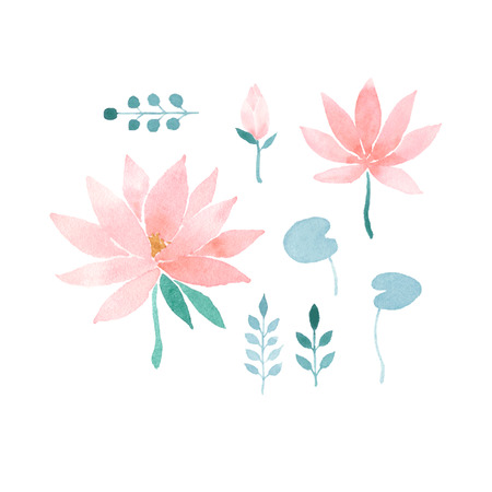 Watercolor floral set with pink lotus flowersのイラスト素材