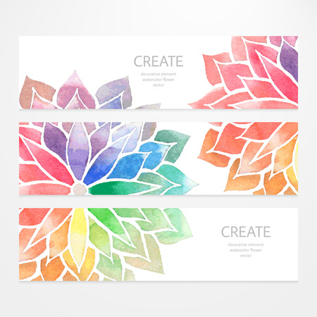 Colorful banners, flyers. Vector templates of design with watercolor rainbow flowers on white background. Art concept. Flower crop, but you can find it in my portfolio