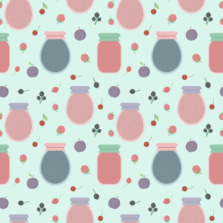 Homemade jam. Seamless pattern with fruits and berries, and jars of jam. Vector background for design of wallpaper, wrapping paper, textile and package designのイラスト素材