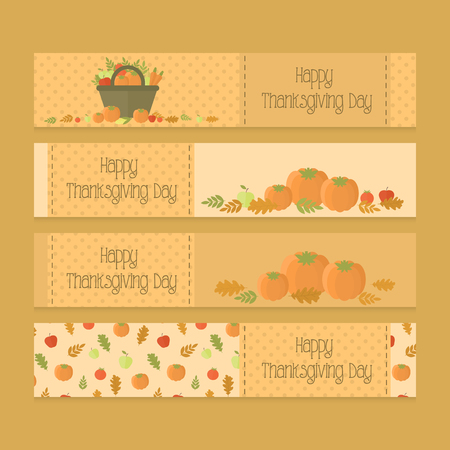 Set of banners, flyers for Thanksgiving Day with basket with vegetables, pumpkin, pattern in orange. Vector illustrationのイラスト素材