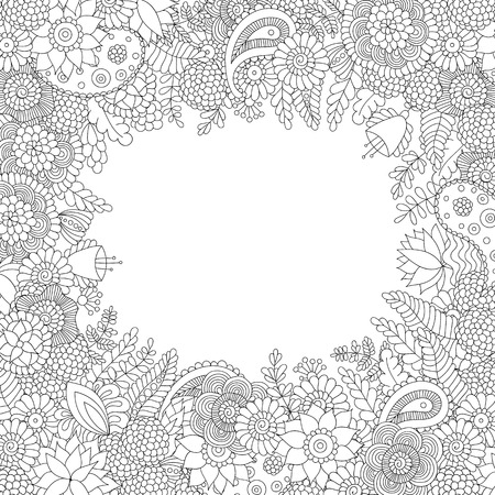 Doodle flower pattern black and white isolated on white background.のイラスト素材