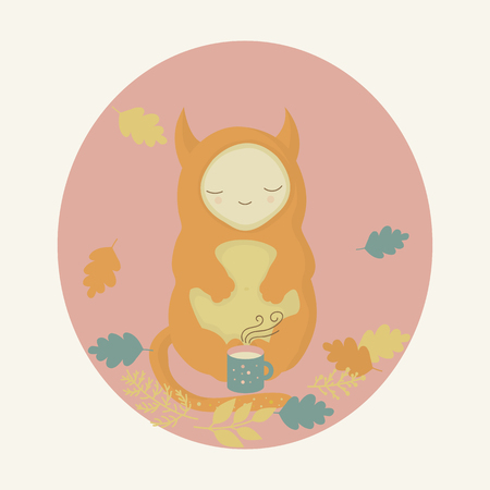 Cute orange monster and mug of tea in autumn forest. Vectorのイラスト素材