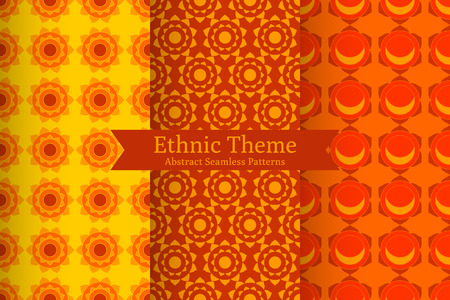 Set of abstract geometric ethnic backgrounds. Oriental Indian, Buddhistic seamless patterns in vector. Round patterns, chakra. Perfect for fabric, wrapping paper, invitations designのイラスト素材