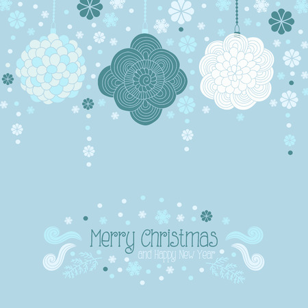 Christmas and Happy New Year greeting card, invitation with doodle decoration, Christmas toys, garland and snowflakesのイラスト素材