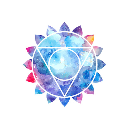 Chakra Vishuddha icon, ayurvedic symbol, concept of Hinduism, Buddhism. Watercolor cosmic texture. Vector isolated on white backgroundのイラスト素材