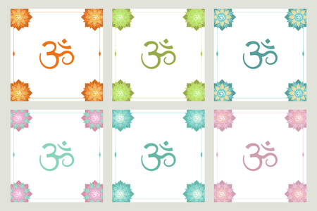 Ethnic decorative frames with om symbol, oriental indian style. Set of frames with lotus flowers, mandalas. Perfect for design of yoga, spa, meditation practice invitations, greetings card, flyersのイラスト素材