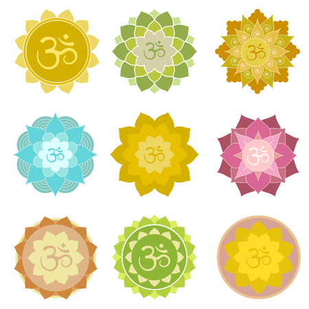 Set of om symbols isolated. Perfect for yoga and meditation practice logo, label, invitations and more. Indian spiritual symbols in abstract lotus flowersのイラスト素材