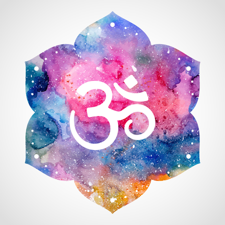 Om sign in lotus flower. Rainbow watercolor texture. Vector isolated. Spiritual Buddhist, Hindu symbolのイラスト素材