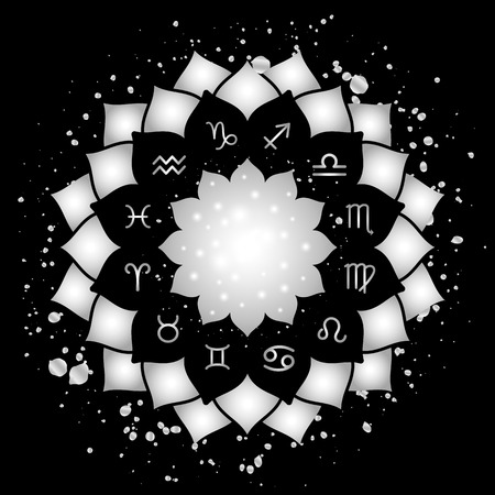 Astrology circle with signs of zodiac. Silver frame and splashes with zodiac astrological symbols. illustrationの写真素材