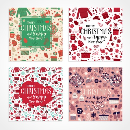 Set of Christmas and Happy New Year greeting cards, invitation with cute pattern in vector. Red and green gifts, mittens, caps, branches and snowflakes, and text.のイラスト素材
