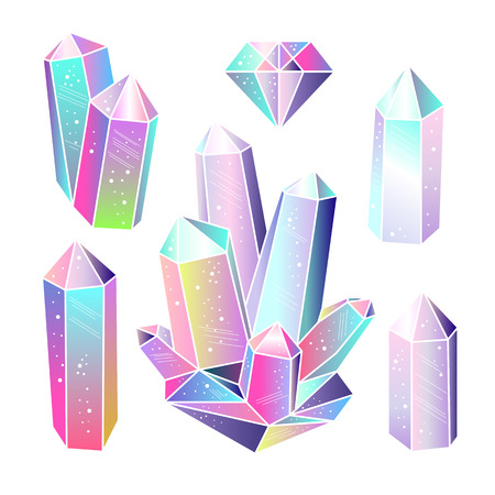 Magic fairytale crystals isolated. Colorful gradient gems set. Vector elements.のイラスト素材