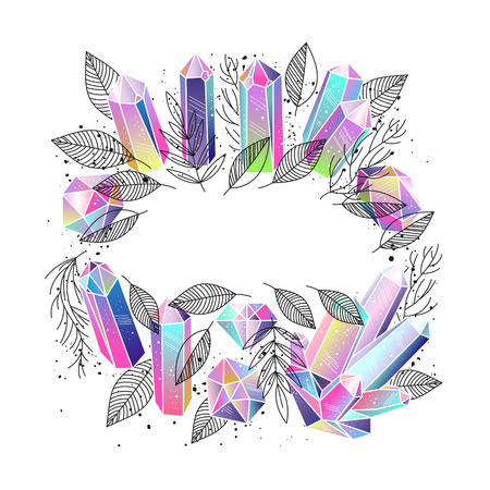 Frame template with crystals gems, leafs, branches. Black and white floral elements, ink black splashes. Vector illustration.のイラスト素材