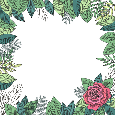 Red rose and green leaves frame on a white background. Hand drawn floral cover. Vector illustration.のイラスト素材