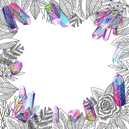 Romantic foliage border frame with rose and crystals isolated. Black ink floral objects, flower and gradient rainbow gems. Vector illustration.のイラスト素材