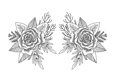 Black and white roses and leaves mirror pattern isolated. Line art hand drawn tattoo style. Forest romantic bouquet. Vector illustration.のイラスト素材