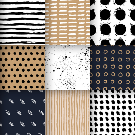 Set of hand drawn seamless patterns with shapes, stripes, waves, polka dot, leafs, splashes. Vector backgrounds in minimalist scandianvian design.のイラスト素材