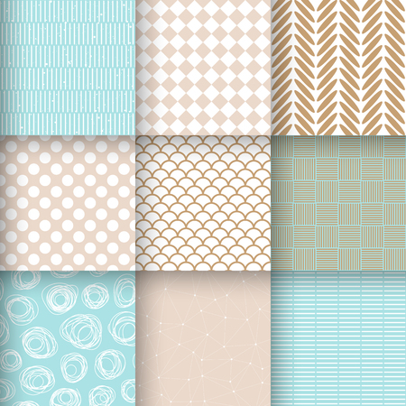 Set of abstract seamless patterns with geometric shapes, scribbles, wavy, polka dot, stripes. Vector backgrounds in pastel blue, beige and white color palette.のイラスト素材