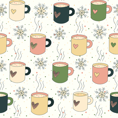 Vintage winter seamless pattern. Vector illustration. Cute mugs of tea, or coffee, and snowflakes. Perfect for wrapping paper, textile, fabric.のイラスト素材