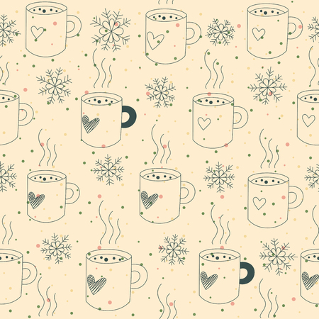 Vintage winter seamless pattern. Vector illustration. Cute mugs of tea, or hot chocolate, and snowflakes. Perfect for design of a wrapping paper, textile, fabric.のイラスト素材