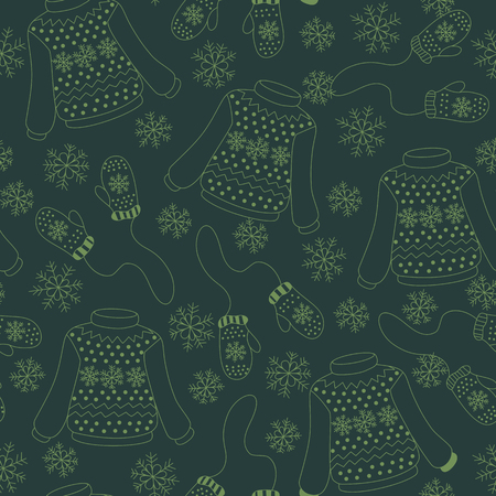 Winter vintage seamless pattern with sweaters, mittens and snowflakes. Can be used for wallpaper, gift paper, fabric, textile, Christmas and New Year greeting card,のイラスト素材