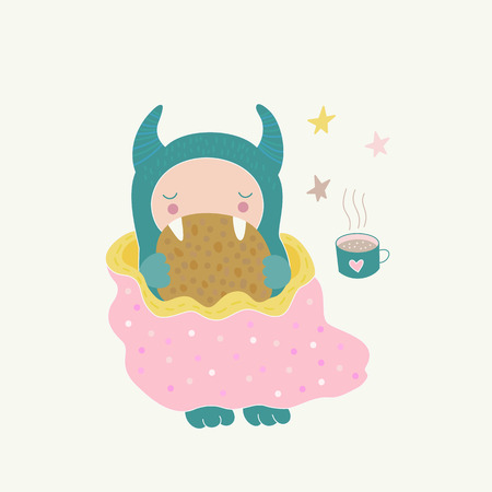 A cute monster under a blanket, eating a cookie, drinking a tea. Funny cartoon character, children s illustration. Vector art.のイラスト素材