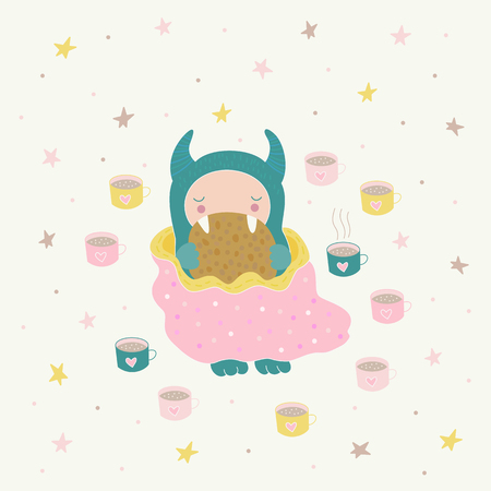 A cute monster under a blanket, eating a cookie, drinking a tea. Funny cartoon character, kids illustration. Can be used for making postcards, stickers, kids textile, or t-shirts vector art.のイラスト素材