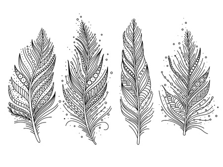 Black and white feathers set isolated, doodle art, vector illustration.のイラスト素材