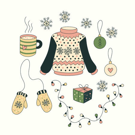 Christmas set with cartoon objects. Collection of isolated vector elements for design of xmas greeting cards.のイラスト素材