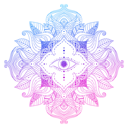 Mystic mandala - seeing eye in floral frame, pink and blue, violet colored. Psychedelic, esoteric, magical symbol, line art. Vector isolated decorative element for clothes design, posters, tattoo.のイラスト素材