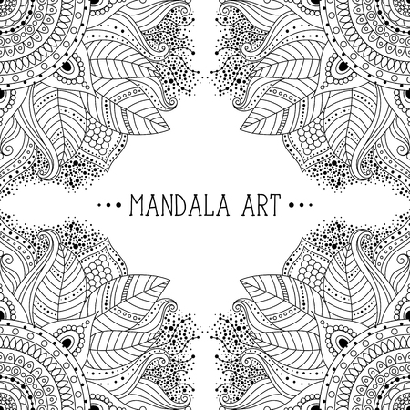Black and white floral doodle ethnic boho ornament. Decorative frame. Can be used for coloring book, invitations. Vector illustration.のイラスト素材