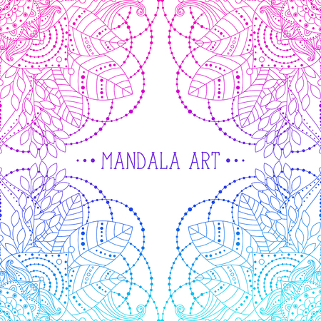 Ethnic Indian patterns, frame with floral mandalas pink and blue colored, vector art, can be used for greeting card, invitation.のイラスト素材