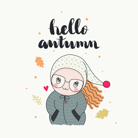 A cute girl in funny beanie and glasses with ginger hair, leafs in the wind, hello autumn handwritten lettering. Cartoon hand drawn illustration, vector art.のイラスト素材