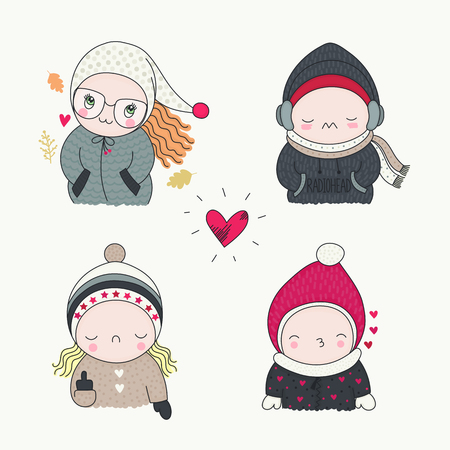 A cute children, set of hand drawn characters with different emotions, cartoon art, vector illustration. Boys and girls in funny beanies, mittens, jackets and coats, autumn leaves.のイラスト素材